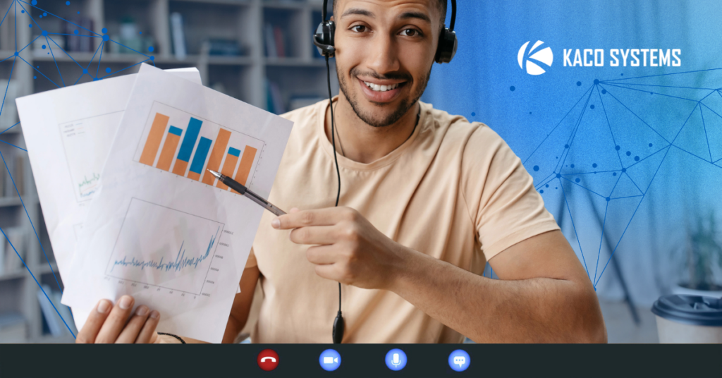 An image meant to represent the title of the blog How to get more value from your IT provider (and what that requires from you) A friendly man is on a virtual video meeting, wearing a headset as he points to a chart.