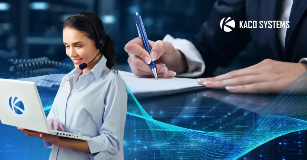 An image to represent that blog title: How to Know If an IT Provider’s Team Will Actually Deliver, Before You Sign. There is a woman wearing a headset holding a laptop in one corner. In another corner, the camera is closer to a person's hands as they sign a piece of paper.