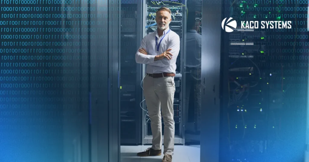 An image that represents the blog title "What Should My IT Provider Be Doing Without Me Asking?" There is a photo of a man standing with his arms crossed, looking pleasant and helpful, in front of a server room.